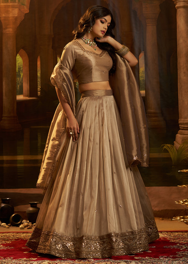 Buy Now Royal Brown Organza Embroidered Wedding Lehenga Choli Online in US, UK, Canada, France, Italy, Germany, Sweden, UAE, Switzerland &amp; Worldwide at Empress.