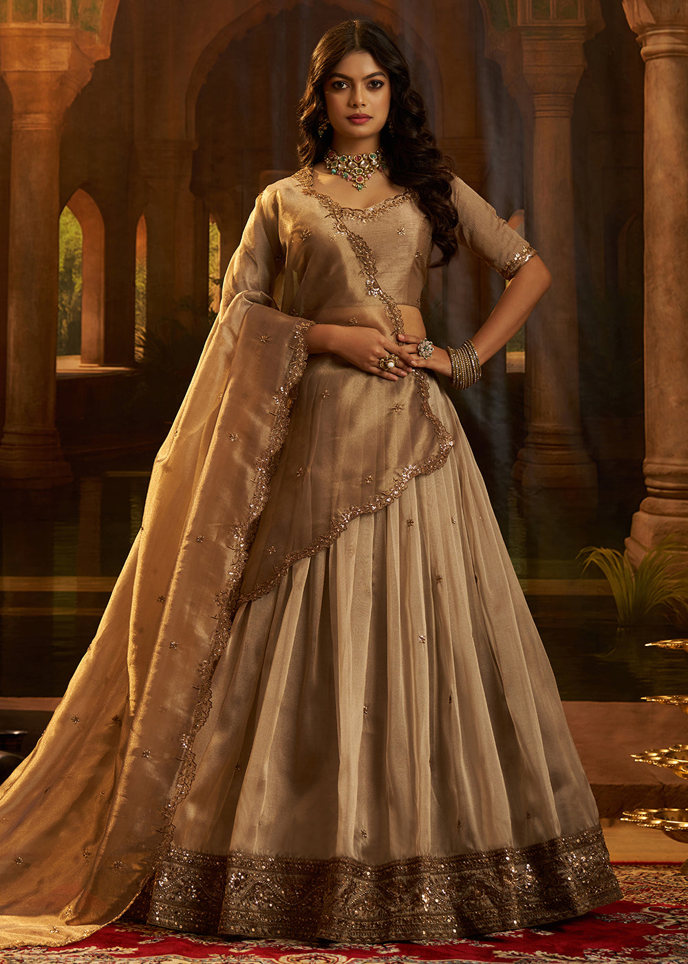 Buy Now Royal Brown Organza Embroidered Wedding Lehenga Choli Online in US, UK, Canada, France, Italy, Germany, Sweden, UAE, Switzerland &amp; Worldwide at Empress.