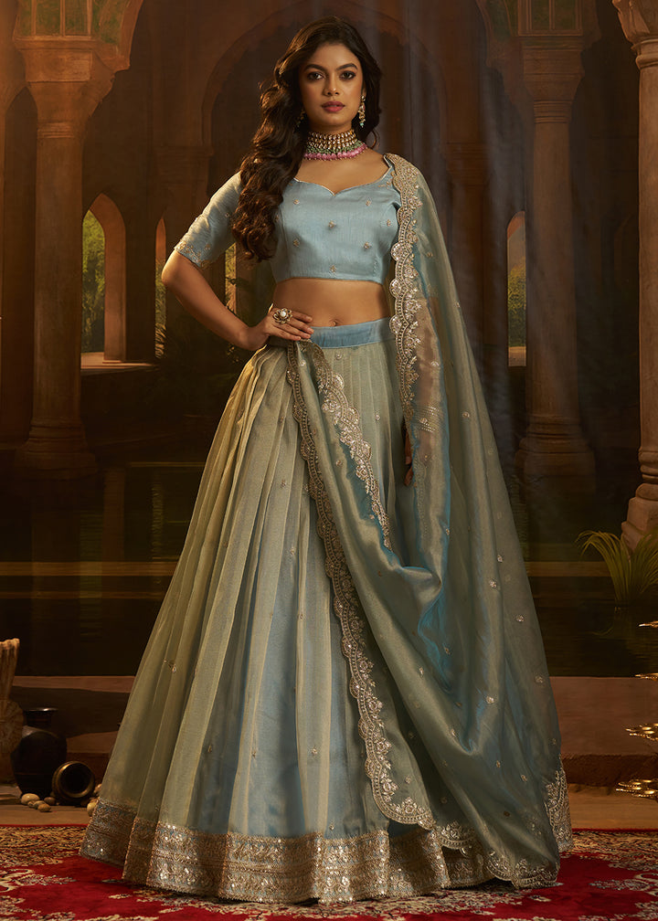 Buy Now Royal Turquoise Organza Embroidered Wedding Lehenga Choli Online in US, UK, Canada, France, Italy, Germany, Sweden, Switzerland &amp; Worldwide at Empress.