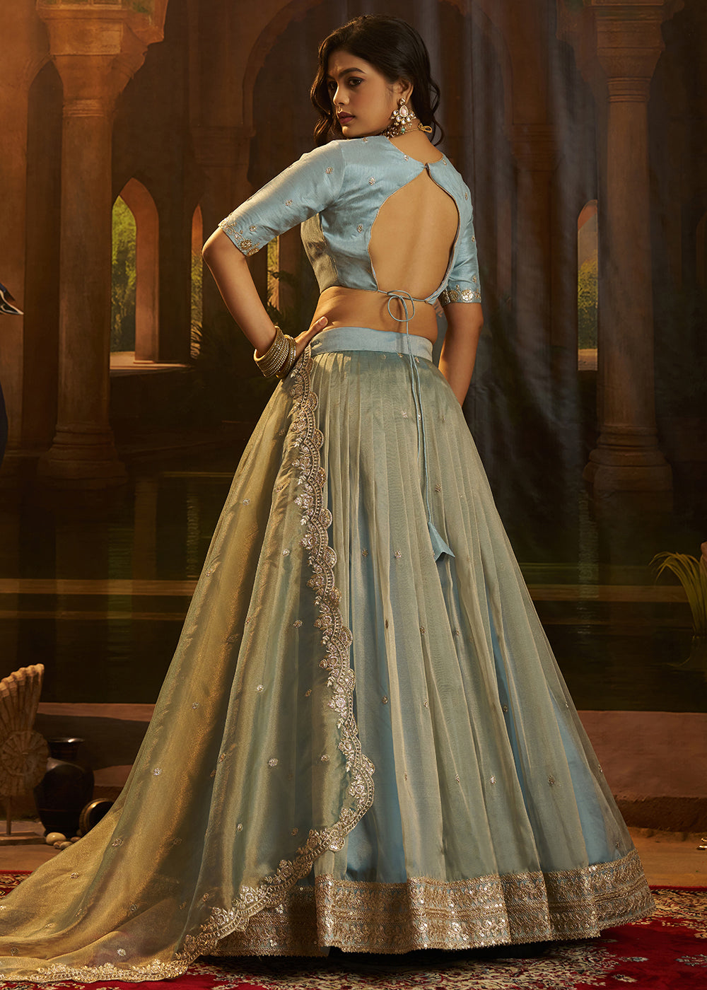 Buy Now Royal Turquoise Organza Embroidered Wedding Lehenga Choli Online in US, UK, Canada, France, Italy, Germany, Sweden, Switzerland &amp; Worldwide at Empress.