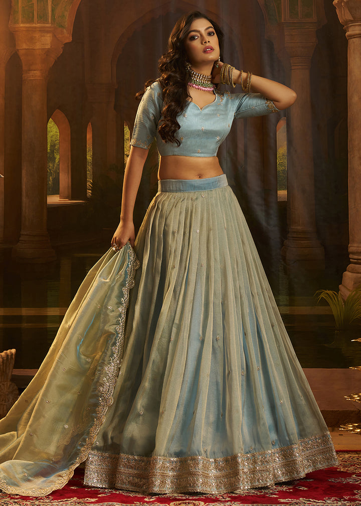 Buy Now Royal Turquoise Organza Embroidered Wedding Lehenga Choli Online in US, UK, Canada, France, Italy, Germany, Sweden, Switzerland &amp; Worldwide at Empress.