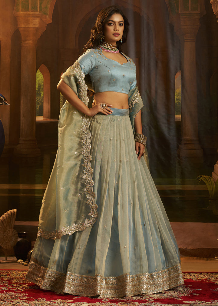 Buy Now Royal Turquoise Organza Embroidered Wedding Lehenga Choli Online in US, UK, Canada, France, Italy, Germany, Sweden, Switzerland &amp; Worldwide at Empress.