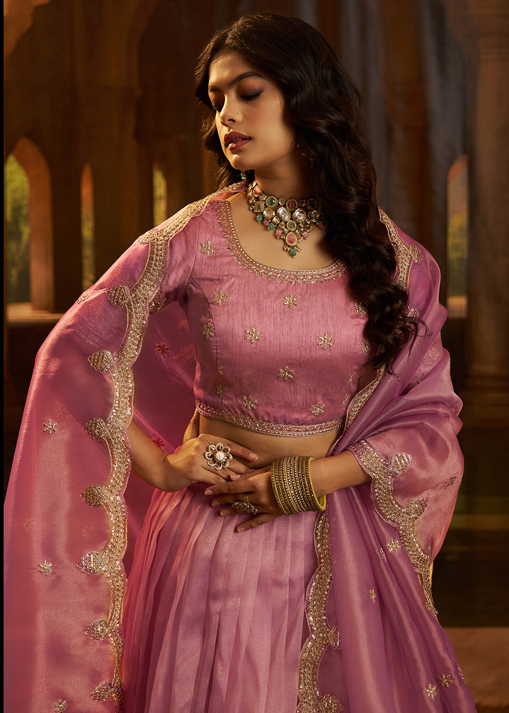 Buy Now Royal Pink Organza Embroidered Wedding Lehenga Choli Online in US, UK, Canada, France, Italy, Germany, Sweden, Switzerland & Worldwide at Empress.