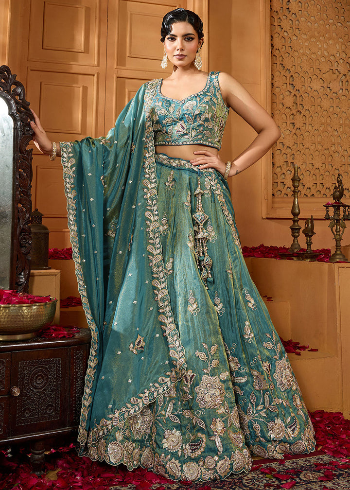 Buy Now Royal Teal Blue Embroidered Wedding Lehenga Set Online in US, UK, Canada, France, Italy, Germany, Sweden, Australia, Switzerland &amp; Worldwide at Empress.