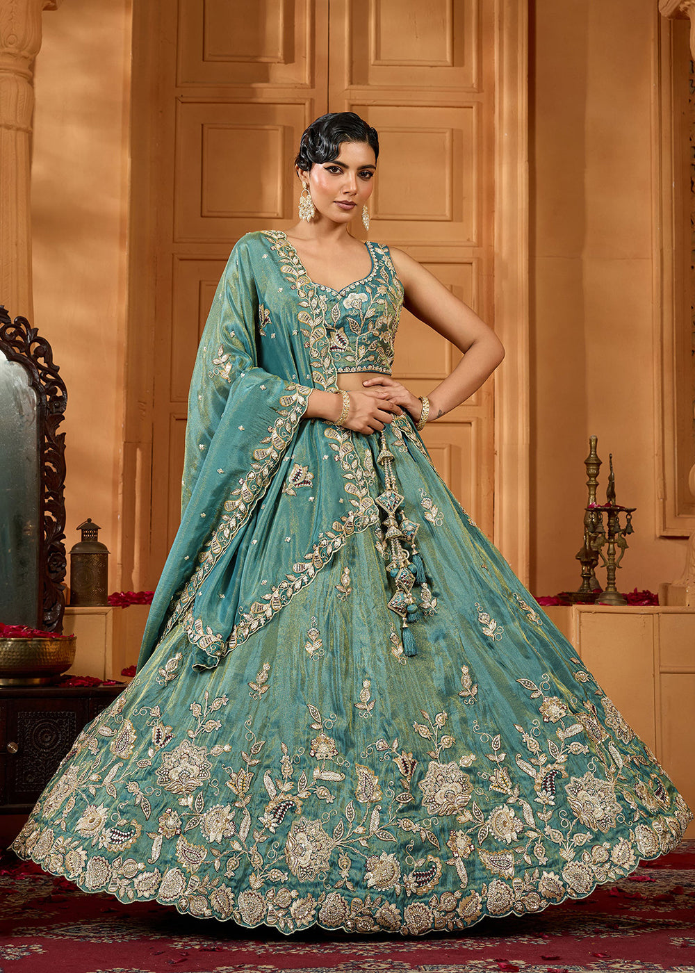 Buy Now Royal Teal Blue Embroidered Wedding Lehenga Set Online in US, UK, Canada, France, Italy, Germany, Sweden, Australia, Switzerland &amp; Worldwide at Empress.