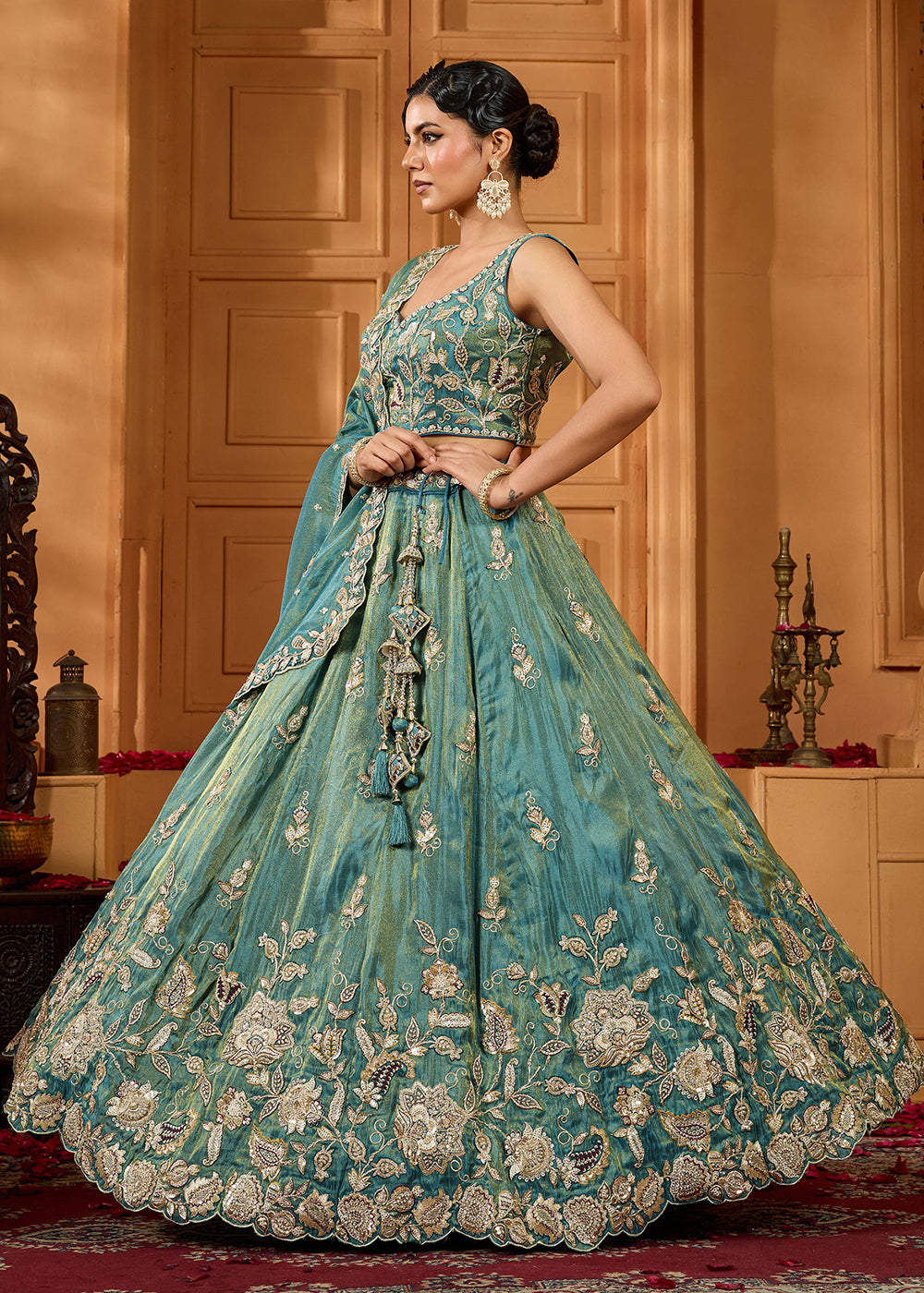Buy Now Royal Teal Blue Embroidered Wedding Lehenga Set Online in US, UK, Canada, France, Italy, Germany, Sweden, Australia, Switzerland &amp; Worldwide at Empress.