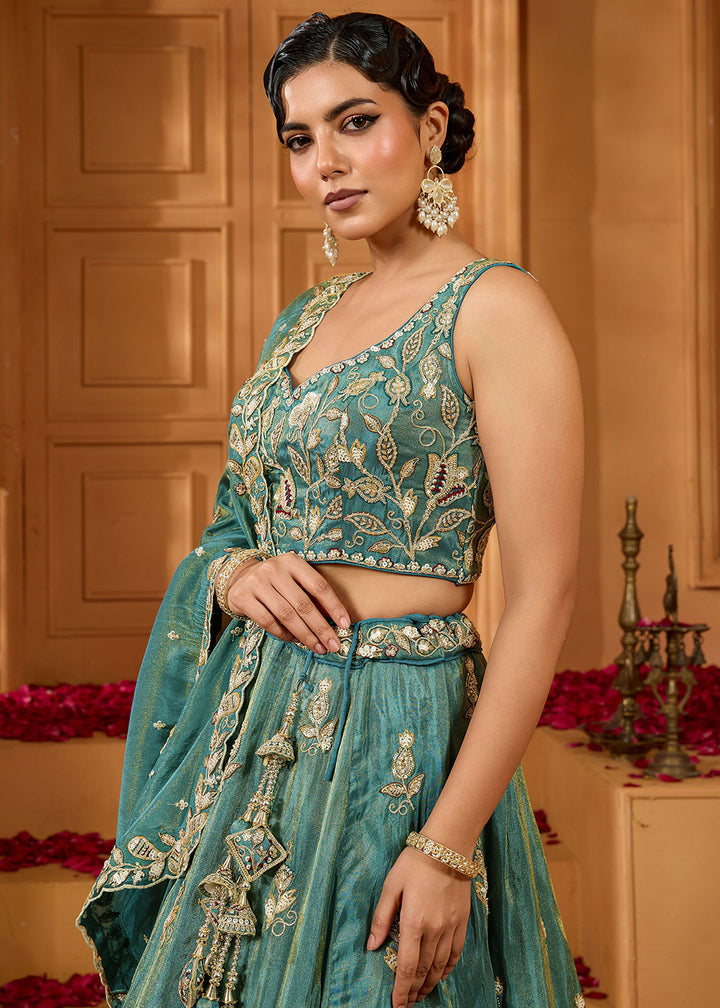 Buy Now Royal Teal Blue Embroidered Wedding Lehenga Set Online in US, UK, Canada, France, Italy, Germany, Sweden, Australia, Switzerland &amp; Worldwide at Empress.