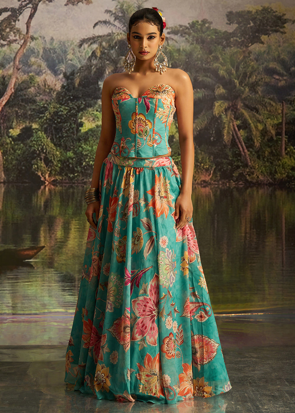 Buy Now Mint Blue Floral Print Corset Style Party Wear Lehenga Choli Online in US, UK, Canada, France, Italy, Germany, UAE, Switzerland &amp; Worldwide at Empress.