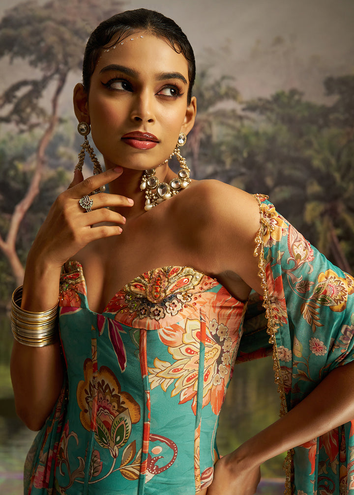 Buy Now Mint Blue Floral Print Corset Style Party Wear Lehenga Choli Online in US, UK, Canada, France, Italy, Germany, UAE, Switzerland &amp; Worldwide at Empress.