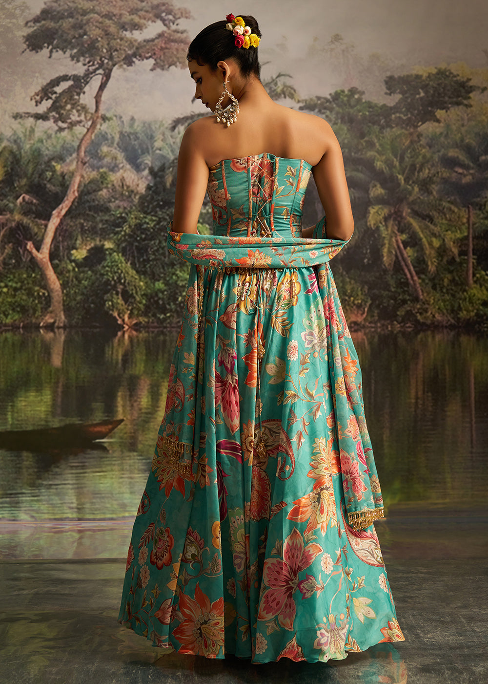 Buy Now Mint Blue Floral Print Corset Style Party Wear Lehenga Choli Online in US, UK, Canada, France, Italy, Germany, UAE, Switzerland &amp; Worldwide at Empress.