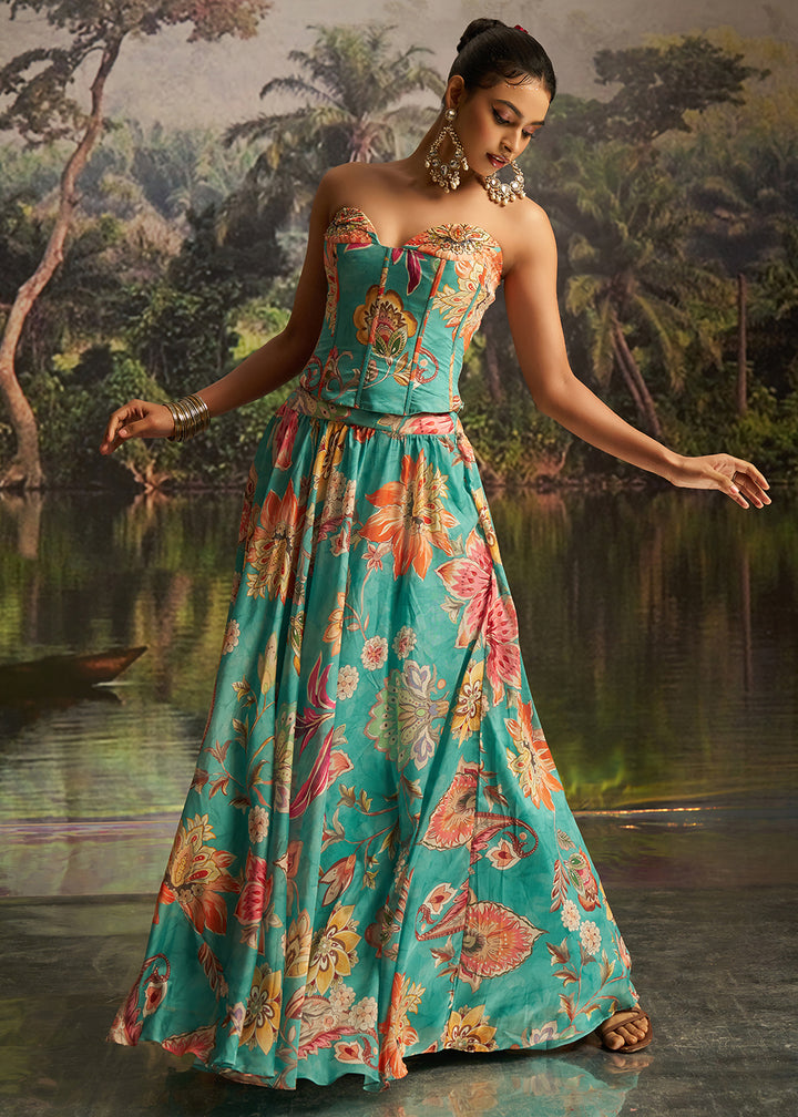 Buy Now Mint Blue Floral Print Corset Style Party Wear Lehenga Choli Online in US, UK, Canada, France, Italy, Germany, UAE, Switzerland &amp; Worldwide at Empress.