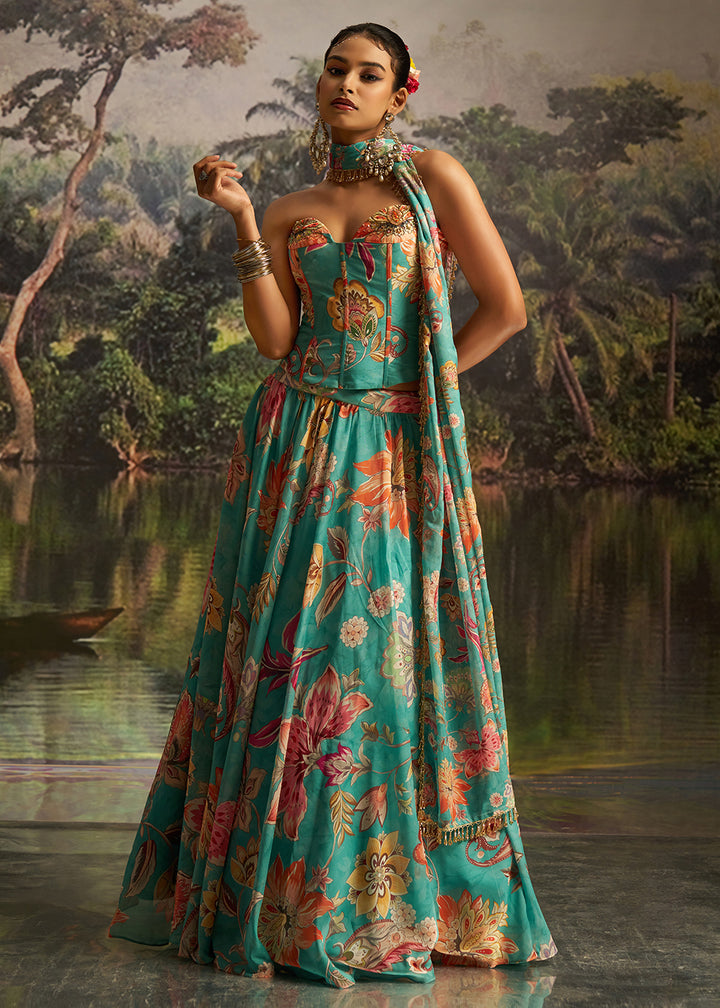Buy Now Mint Blue Floral Print Corset Style Party Wear Lehenga Choli Online in US, UK, Canada, France, Italy, Germany, UAE, Switzerland &amp; Worldwide at Empress.