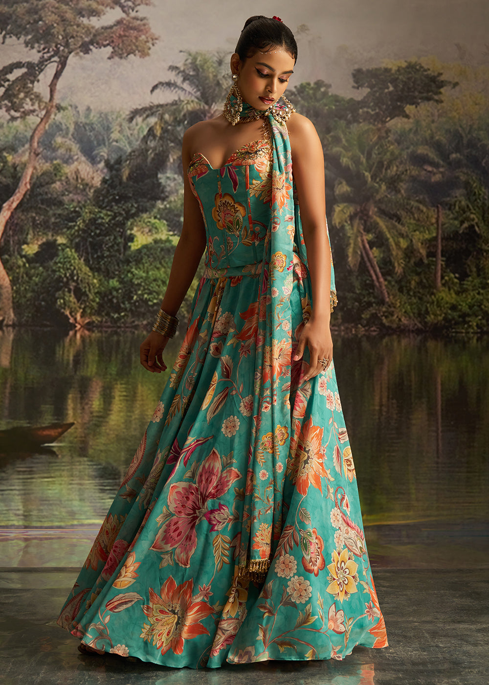 Buy Now Mint Blue Floral Print Corset Style Party Wear Lehenga Choli Online in US, UK, Canada, France, Italy, Germany, UAE, Switzerland &amp; Worldwide at Empress.