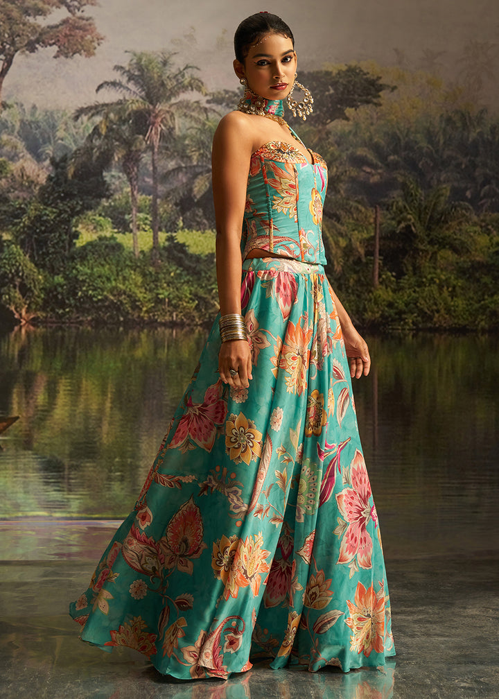 Buy Now Mint Blue Floral Print Corset Style Party Wear Lehenga Choli Online in US, UK, Canada, France, Italy, Germany, UAE, Switzerland &amp; Worldwide at Empress.