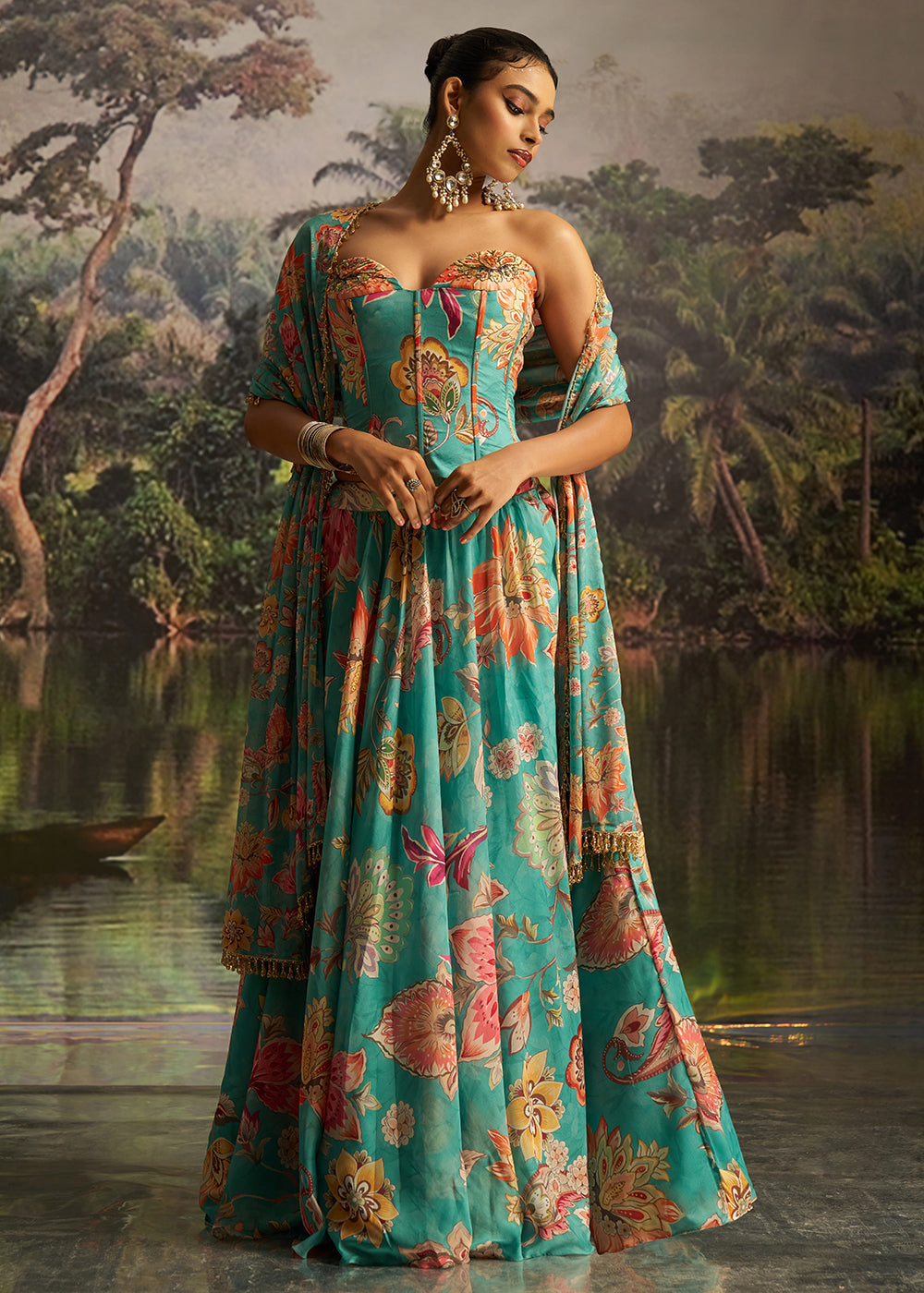 Buy Now Mint Blue Floral Print Corset Style Party Wear Lehenga Choli Online in US, UK, Canada, France, Italy, Germany, UAE, Switzerland &amp; Worldwide at Empress.