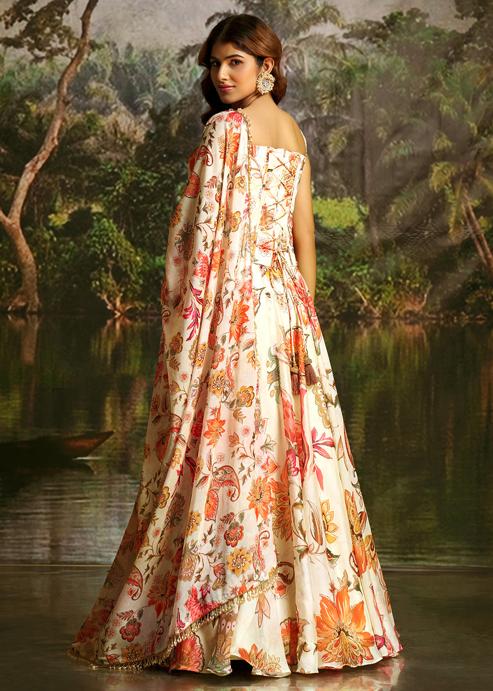 Buy Now Off White Floral Print Corset Style Party Wear Lehenga Choli Online in US, UK, Canada, France, Italy, Germany, UAE, Switzerland &amp; Worldwide at Empress.
