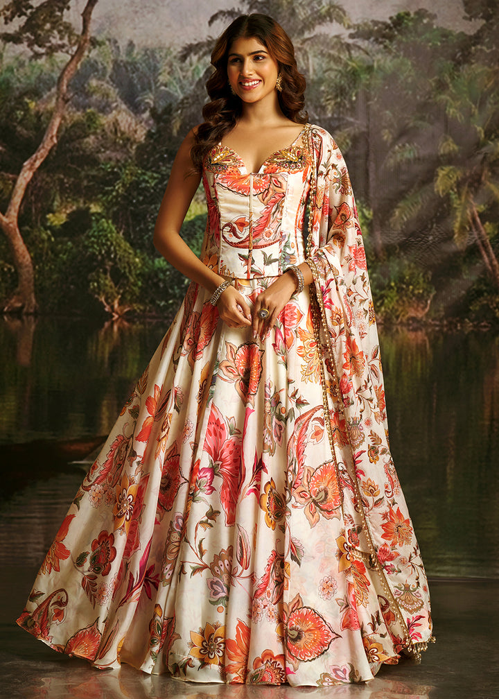 Buy Now Off White Floral Print Corset Style Party Wear Lehenga Choli Online in US, UK, Canada, France, Italy, Germany, UAE, Switzerland &amp; Worldwide at Empress.