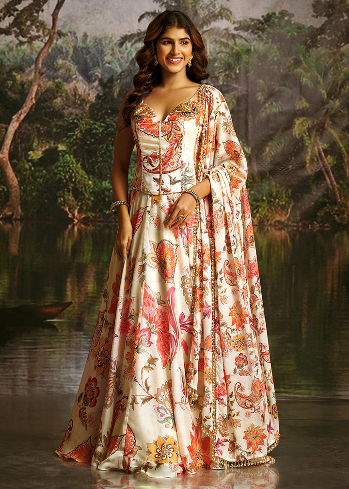 Buy Now Off White Floral Print Corset Style Party Wear Lehenga Choli Online in US, UK, Canada, France, Italy, Germany, UAE, Switzerland &amp; Worldwide at Empress.