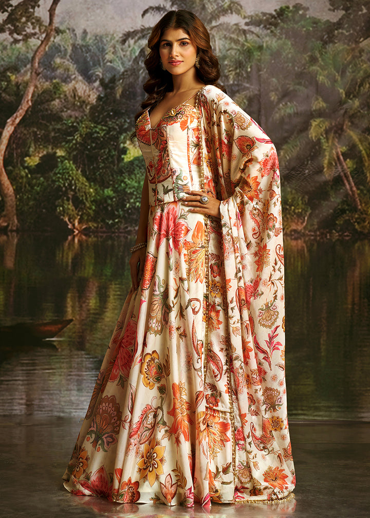 Buy Now Off White Floral Print Corset Style Party Wear Lehenga Choli Online in US, UK, Canada, France, Italy, Germany, UAE, Switzerland &amp; Worldwide at Empress.