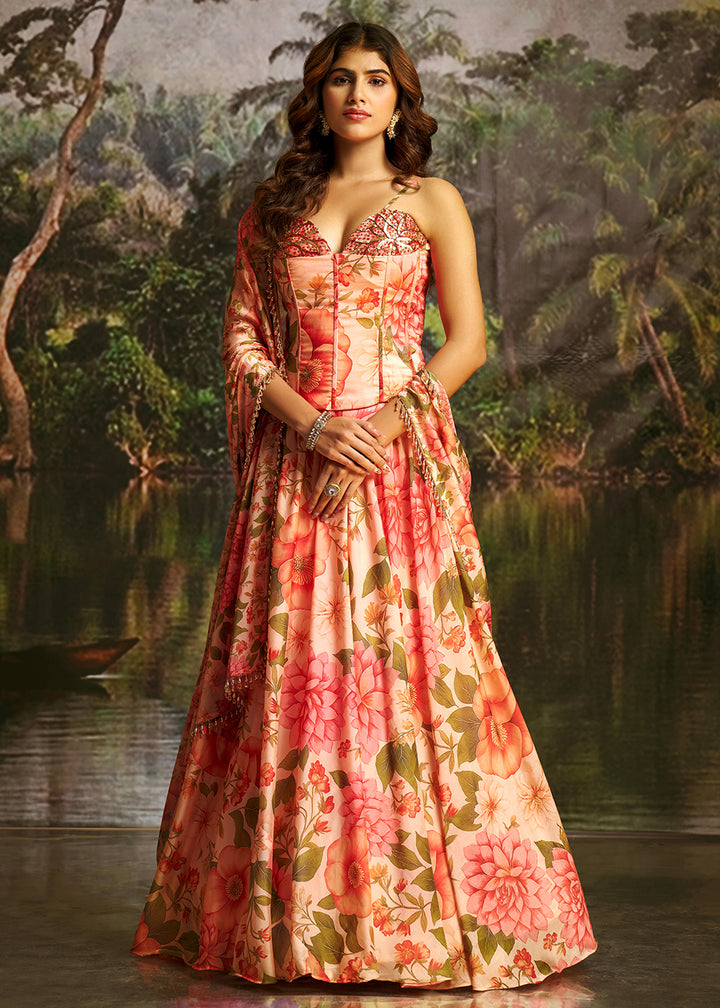 Buy Now Peach Floral Print Corset Style Party Wear Lehenga Choli Online in US, UK, Canada, France, Italy, Germany, UAE, Switzerland, UAE &amp; Worldwide at Empress.