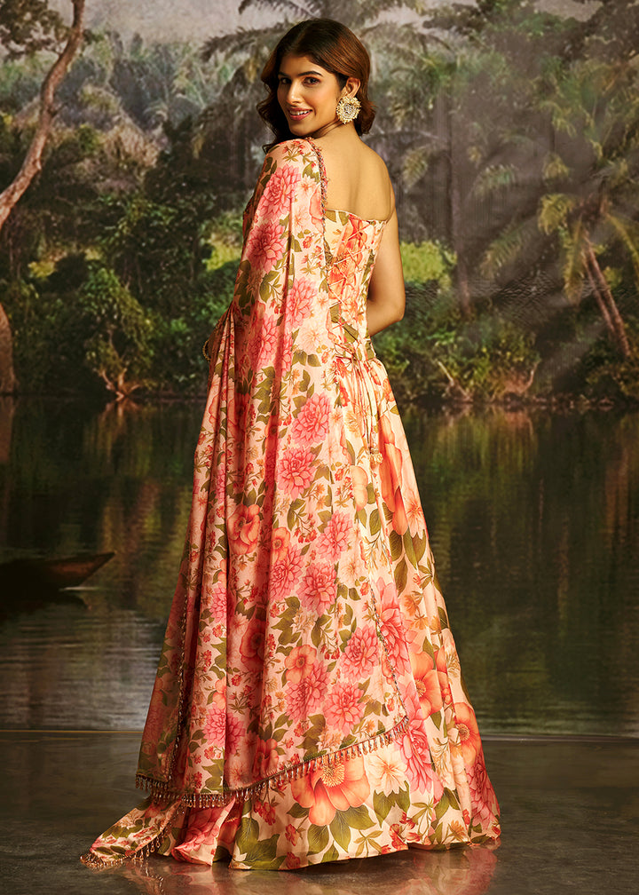Buy Now Peach Floral Print Corset Style Party Wear Lehenga Choli Online in US, UK, Canada, France, Italy, Germany, UAE, Switzerland, UAE &amp; Worldwide at Empress.