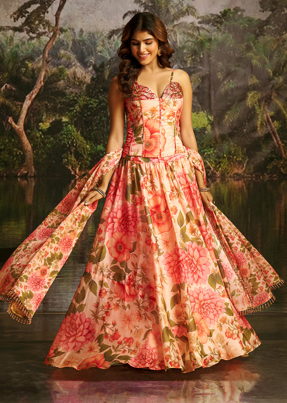 Buy Now Peach Floral Print Corset Style Party Wear Lehenga Choli Online in US, UK, Canada, France, Italy, Germany, UAE, Switzerland, UAE &amp; Worldwide at Empress.