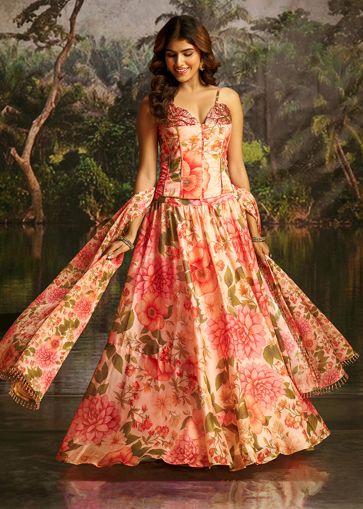 Buy Now Peach Floral Print Corset Style Party Wear Lehenga Choli Online in US, UK, Canada, France, Italy, Germany, UAE, Switzerland, UAE &amp; Worldwide at Empress.