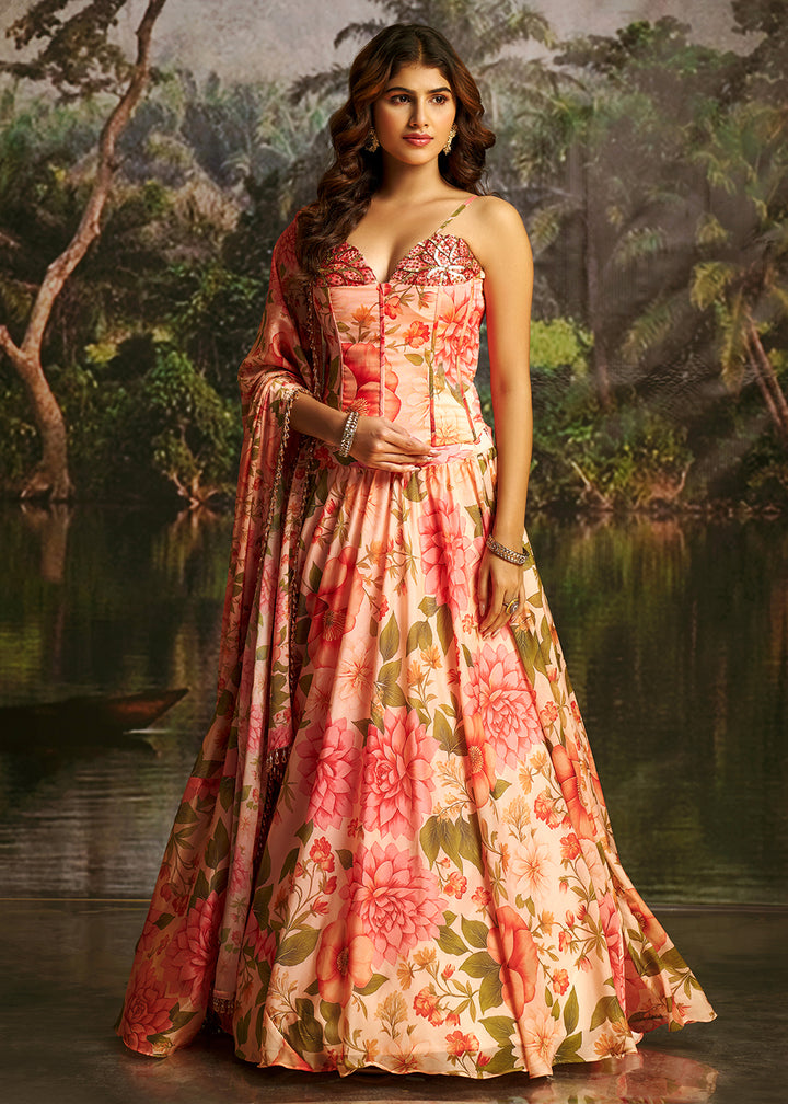 Buy Now Peach Floral Print Corset Style Party Wear Lehenga Choli Online in US, UK, Canada, France, Italy, Germany, UAE, Switzerland, UAE &amp; Worldwide at Empress.