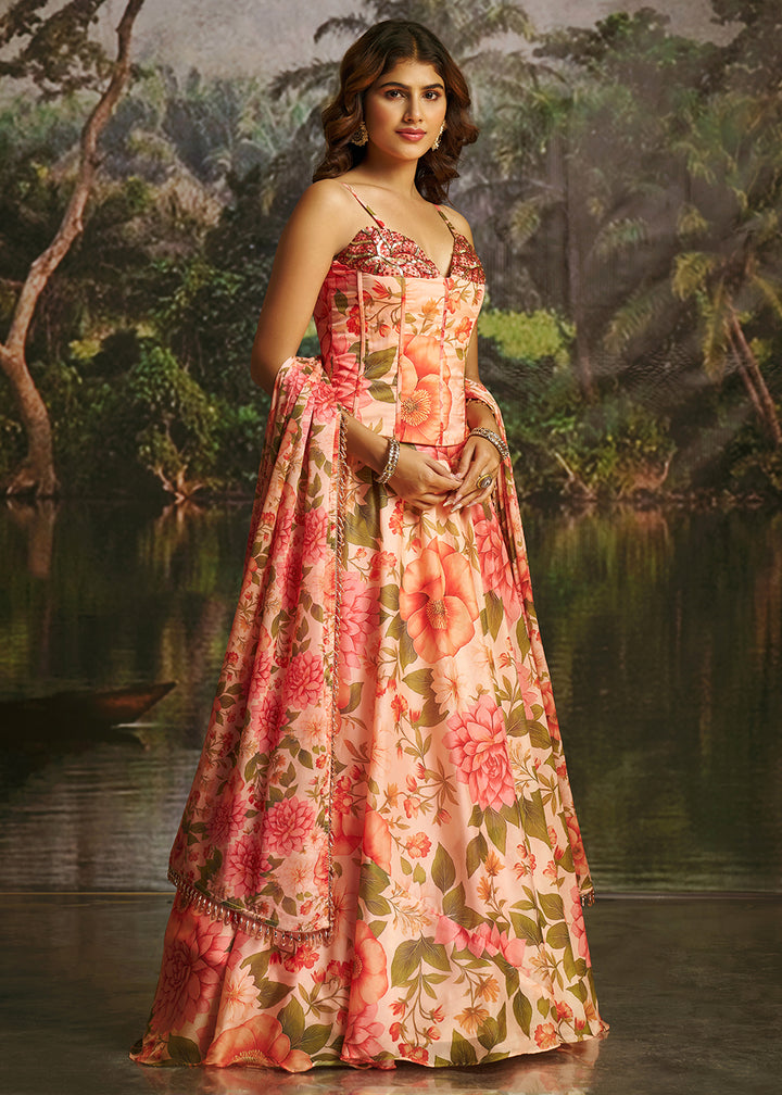 Buy Now Peach Floral Print Corset Style Party Wear Lehenga Choli Online in US, UK, Canada, France, Italy, Germany, UAE, Switzerland, UAE &amp; Worldwide at Empress.