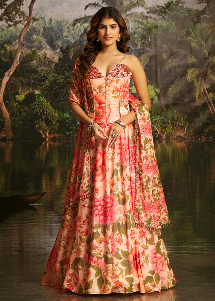 Buy Now Peach Floral Print Corset Style Party Wear Lehenga Choli Online in US, UK, Canada, France, Italy, Germany, UAE, Switzerland, UAE &amp; Worldwide at Empress.