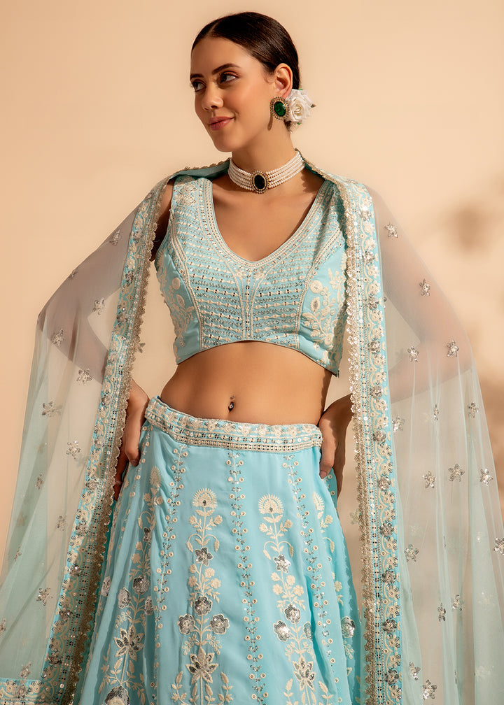 Buy Now Charming Sky Blue Bridesmaid Style Wedding Lehenga Choli Online in USA, UK, Canada & Worldwide at Empress Clothing.