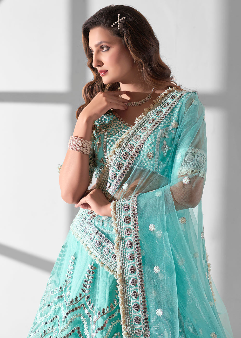 Buy Now Aqua Blue Multi Embroidered Wedding Festive Lehenga Choli Online in USA, UK, Canada & Worldwide at Empress Clothing. 