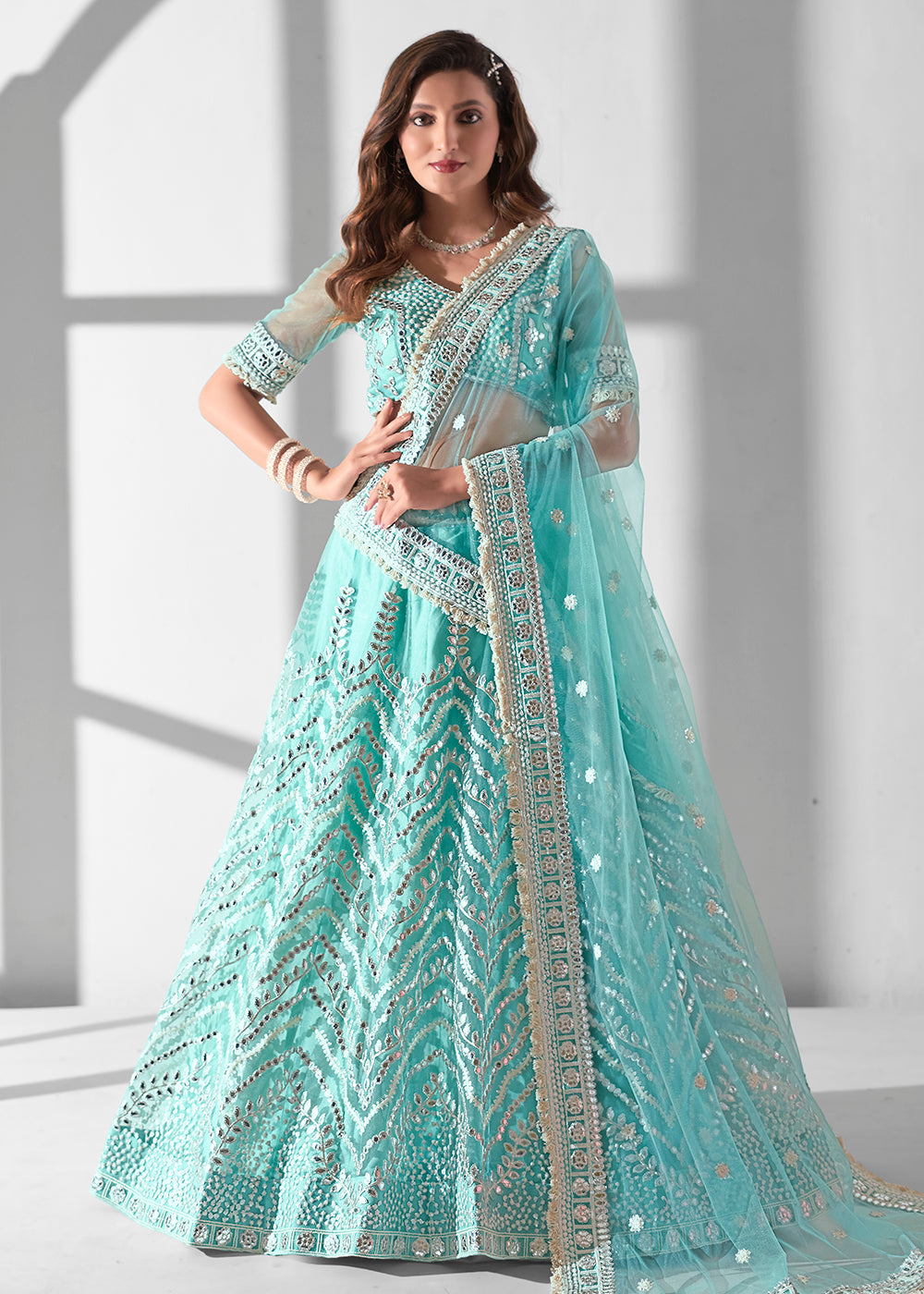 Aqua Blue Multi Embroidered Wedding Festive Lehenga Choli