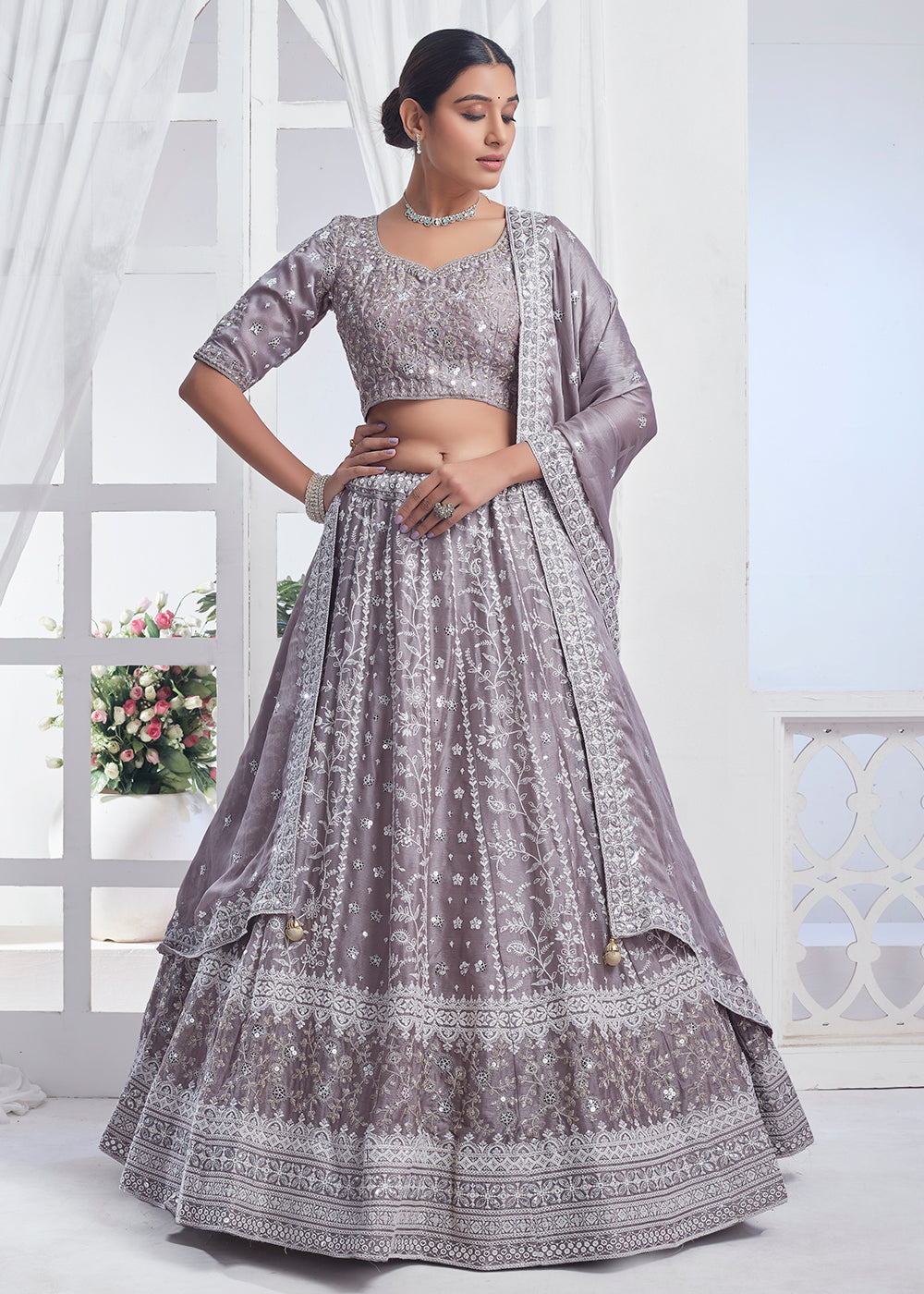 Buy Now Grey Designer Style Embroidered Wedding Lehenga Choli Online in USA, UK, Canada & Worldwide at Empress Clothing.