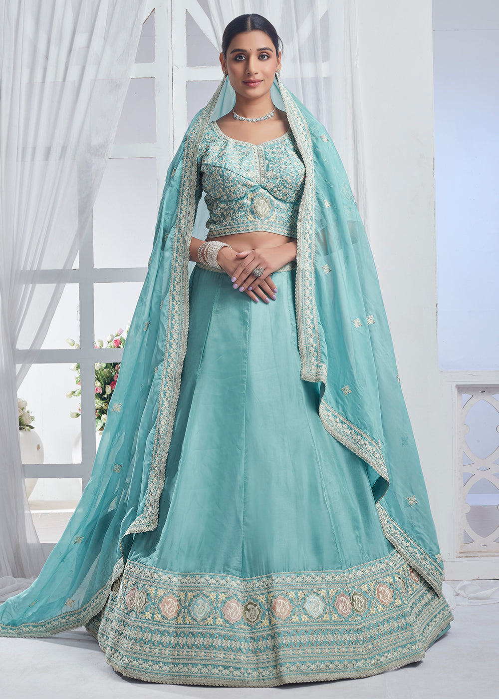 Buy Now Sky Blue Designer Style Embroidered Wedding Lehenga Choli Online in USA, UK, Canada & Worldwide at Empress Clothing.