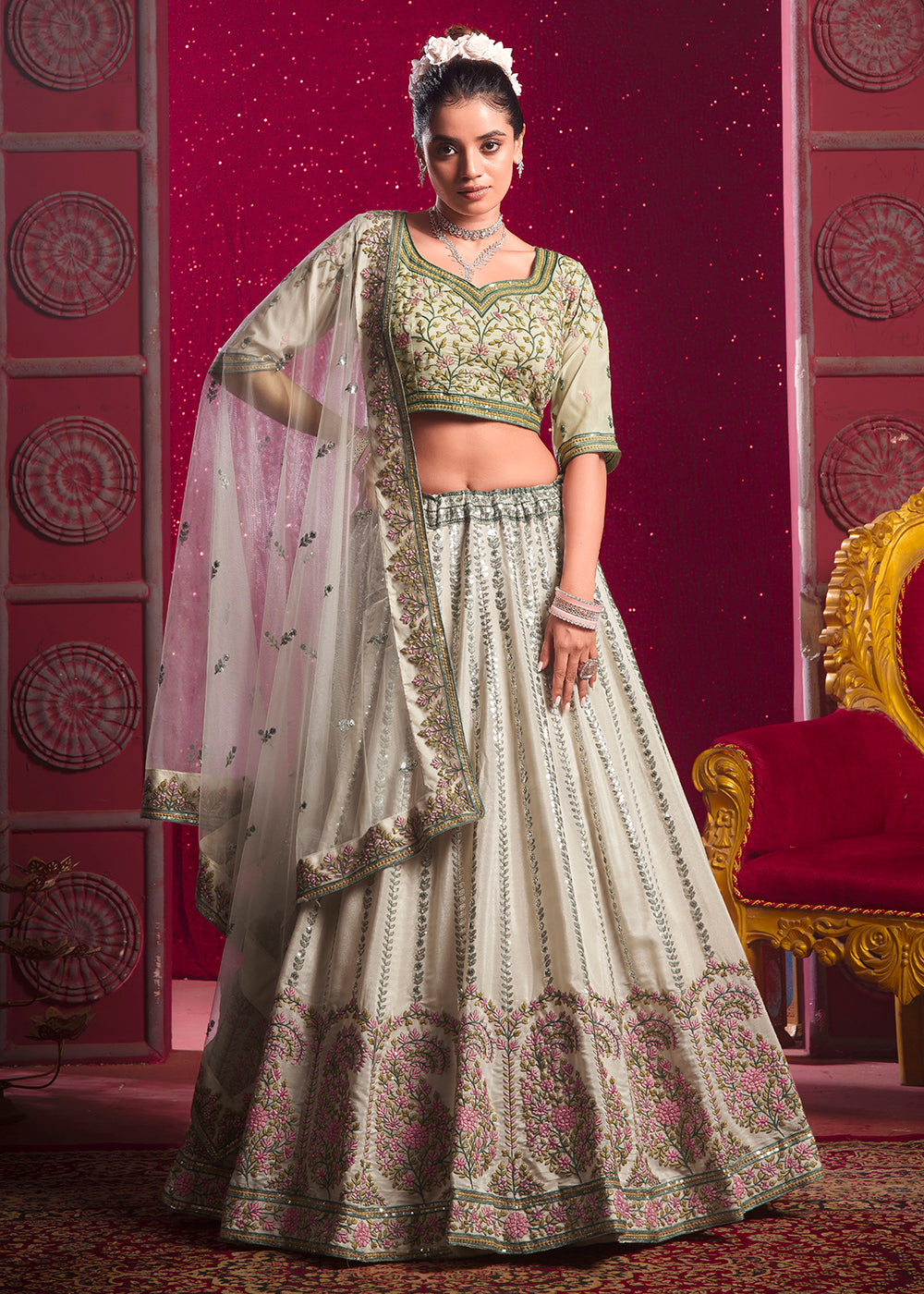 Buy Now Cream Premium Silk Embroidered Bridesmaids Lehenga Choli Online in USA, UK, Canada & Worldwide at Empress Clothing.