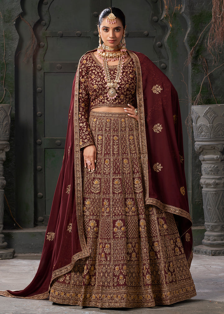 Buy Now Bridal Maroon Cording Embroidered Georgette Lehenga Choli Online in USA, UK, Canada & Worldwide at Empress Clothing. 