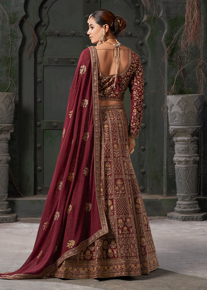 Buy Now Bridal Maroon Cording Embroidered Georgette Lehenga Choli Online in USA, UK, Canada & Worldwide at Empress Clothing. 