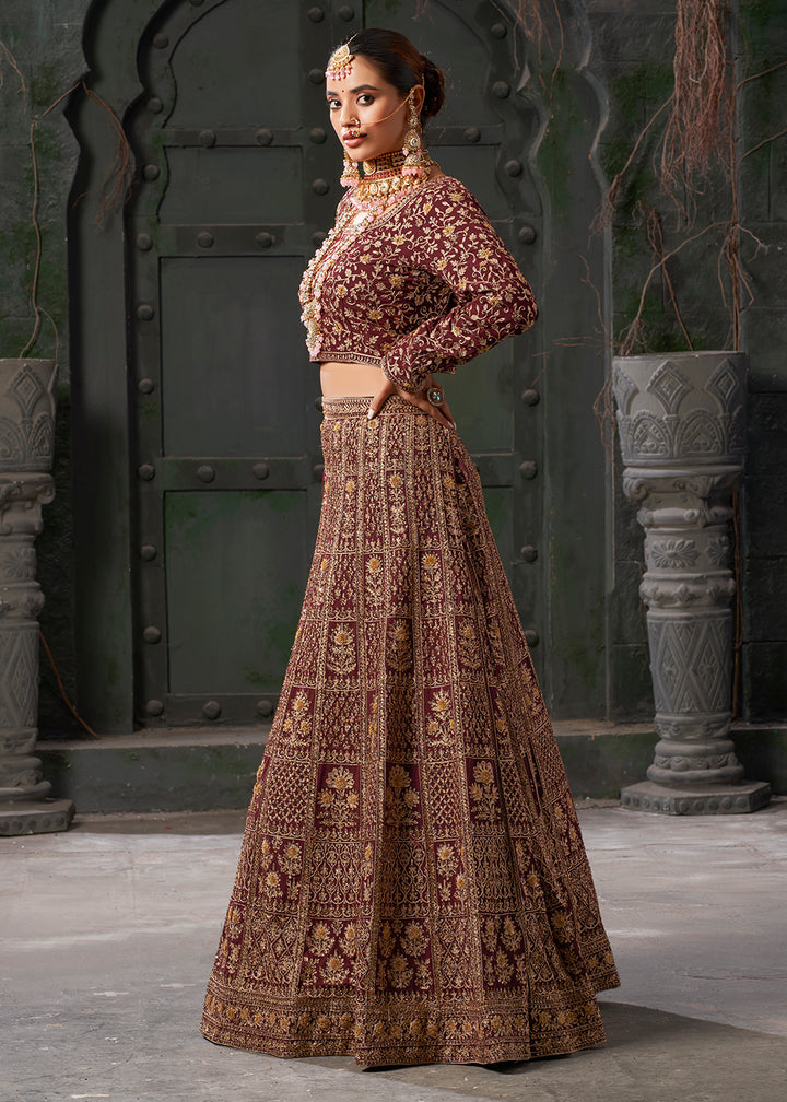 Buy Now Bridal Maroon Cording Embroidered Georgette Lehenga Choli Online in USA, UK, Canada & Worldwide at Empress Clothing. 