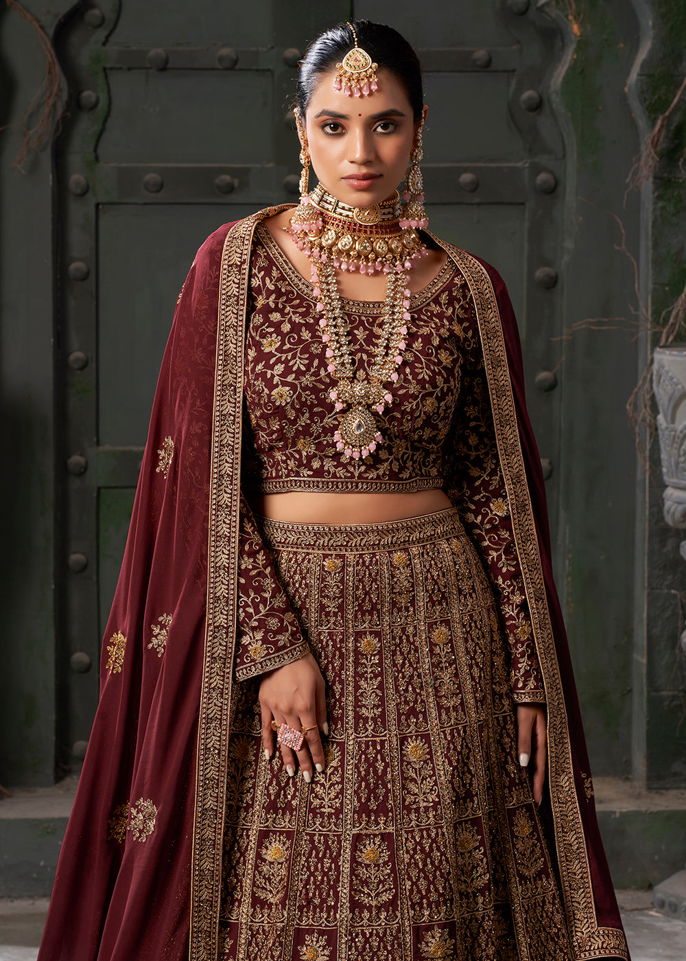 Buy Now Bridal Maroon Cording Embroidered Georgette Lehenga Choli Online in USA, UK, Canada & Worldwide at Empress Clothing. 