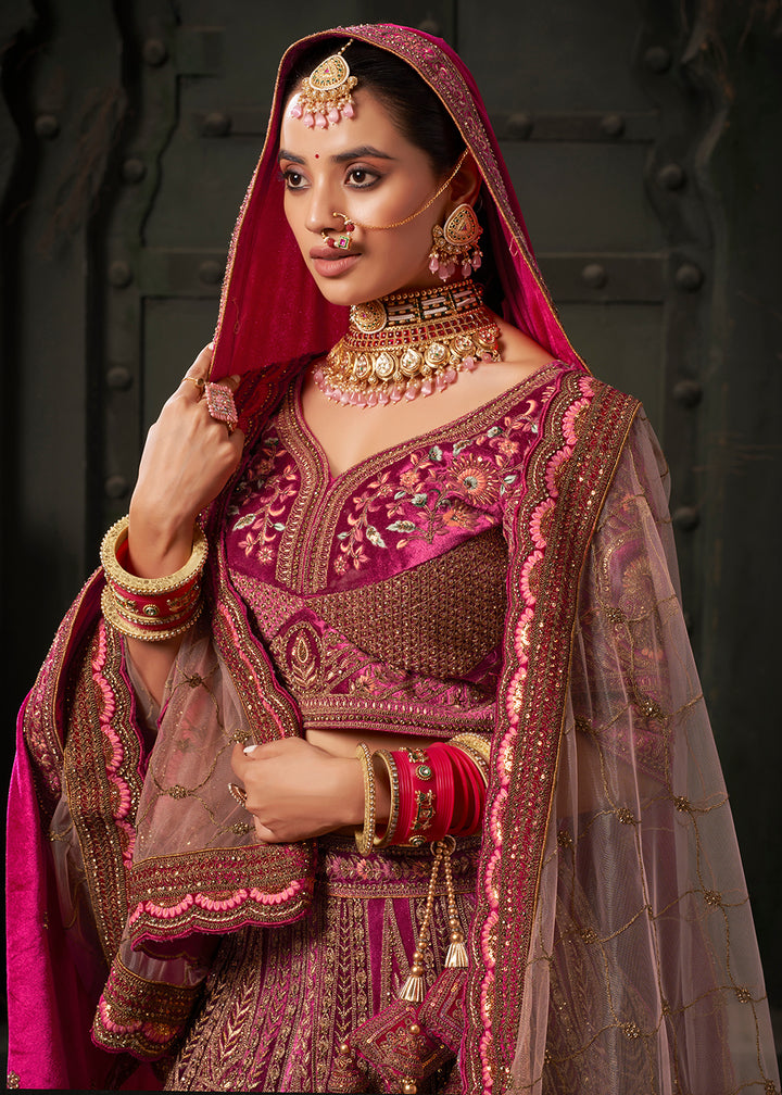 Buy Now Rani & Maroon Premium Lycra Velvet Bridal Lehenga Choli Online in USA, UK, Canada & Worldwide at Empress Clothing.