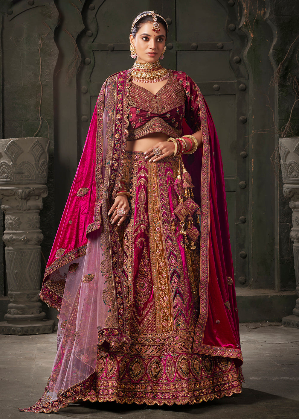 Buy Now Rani & Mustard Premium Lycra Velvet Bridal Lehenga Choli Online in USA, UK, Canada & Worldwide at Empress Clothing.