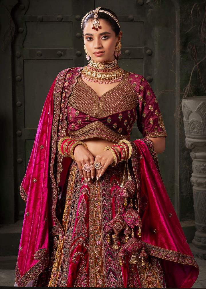 Buy Now Rani & Mustard Premium Lycra Velvet Bridal Lehenga Choli Online in USA, UK, Canada & Worldwide at Empress Clothing.