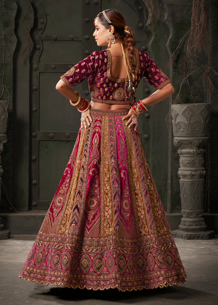 Buy Now Rani & Mustard Premium Lycra Velvet Bridal Lehenga Choli Online in USA, UK, Canada & Worldwide at Empress Clothing.