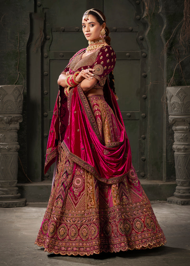 Buy Now Rani & Mustard Premium Lycra Velvet Bridal Lehenga Choli Online in USA, UK, Canada & Worldwide at Empress Clothing.