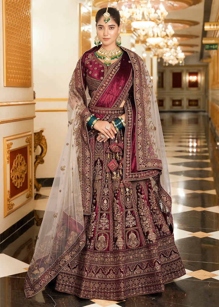 Buy Now Maroon Lycra Velvet Embroidered Designer Lehenga Choli Online in USA, UK, France, UAE & Worldwide at Empress Clothing.