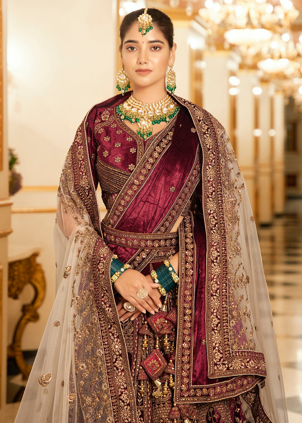 Buy Now Maroon Lycra Velvet Embroidered Designer Lehenga Choli Online in USA, UK, France, UAE & Worldwide at Empress Clothing.