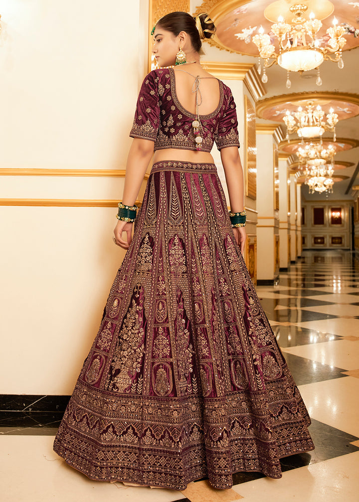 Buy Now Maroon Lycra Velvet Embroidered Designer Lehenga Choli Online in USA, UK, France, UAE & Worldwide at Empress Clothing.