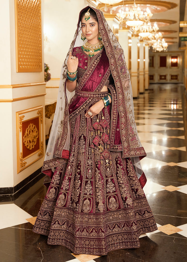 Buy Now Maroon Lycra Velvet Embroidered Designer Lehenga Choli Online in USA, UK, France, UAE & Worldwide at Empress Clothing.