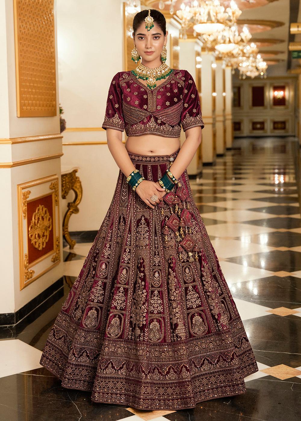 Buy Now Maroon Lycra Velvet Embroidered Designer Lehenga Choli Online in USA, UK, France, UAE & Worldwide at Empress Clothing.